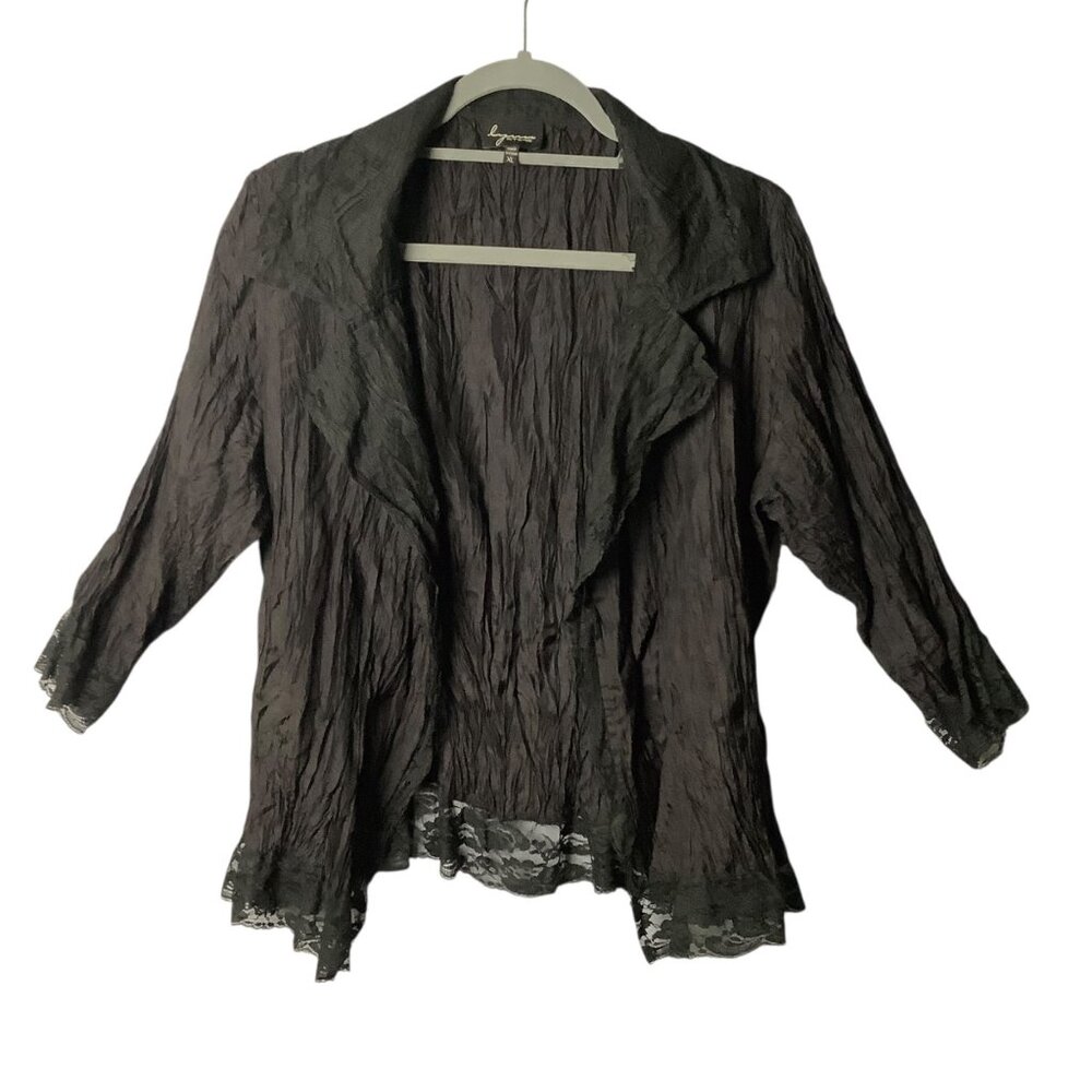 Vtg Lynn Ritchie Black 100% Silk Lace Trim Open‎ Front Blazer Jacket Women XL